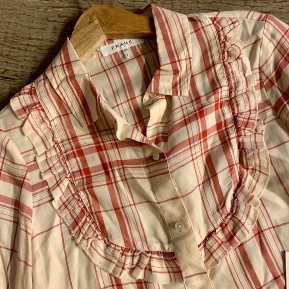 FRAME Ruffle Front Button Down Plaid Shirt. - Picture 9 of 9